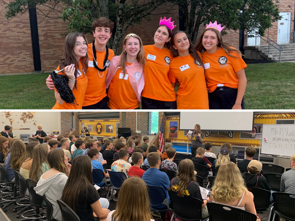 Two photos - on top, AHS Link crew students pose for a photo; below, a THS counselor speaks in front of new freshmen